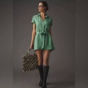 Cloth & Stone Green Button Front Romper Short Sleeve Linen Rayon Blend Size S